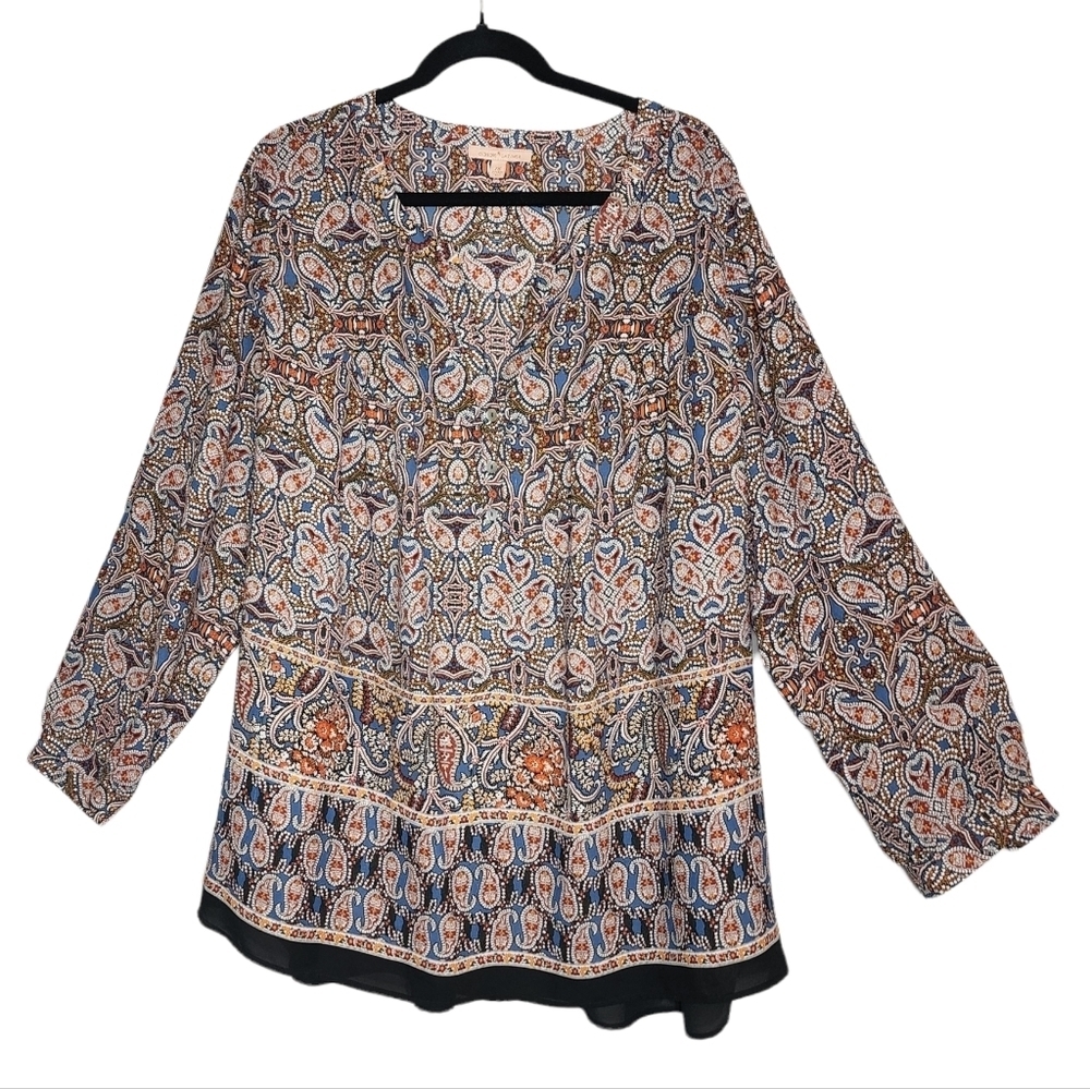 Gibson & Latimer Paisley Floral Flowy Blouse Size 2X Roll Tab Sleeves